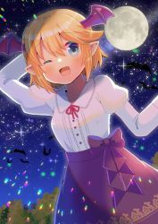 Rule 34 | 1girl, ;d, animal, bat (animal), bat wings, blonde hair, blue eyes, blush, brown skirt, collared shirt, commission, copyright request, fang, full moon, hair between eyes, head wings, juliet sleeves, kou hiyoyo, long sleeves, moon, neck ribbon, night, night sky, one eye closed, open mouth, outdoors, pointy ears, puffy sleeves, red ribbon, red wings, ribbon, shirt, skeb commission, skirt, sky, smile, solo, star (sky), starry sky, white shirt, wings
