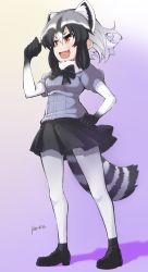 Rule 34 | 10s, 1girl, :d, animal ears, arm up, artist name, black bow, black bowtie, black footwear, black gloves, black hair, black skirt, bow, bowtie, brown eyes, clenched hands, common raccoon (kemono friends), extra ears, fang, from side, fur collar, gloves, gradient background, grey hair, hand on own hip, highres, ke-ke, kemono friends, miniskirt, multicolored hair, open mouth, pantyhose, purple background, raccoon ears, raccoon tail, shadow, short sleeves, signature, skirt, smile, solo, standing, tail, white pantyhose