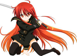 Rule 34 | 00s, 1girl, absurdres, alastor (shakugan no shana), full body, highres, holding, holding weapon, jewelry, katana, long hair, pendant, red eyes, red hair, shakugan no shana, shana, simple background, solo, sword, thighhighs, vector trace, weapon, white background