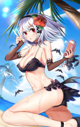 Rule 34 | 1girl, absurdres, bad id, bad pixiv id, bat (animal), beach, bikini, black bikini, black ribbon, blue sky, blush, breasts, bridal gauntlets, cellphone, choker, cleavage, day, flower, frilled bikini, frills, from side, hair flower, hair ornament, hair ribbon, hibiscus, highres, large breasts, looking at viewer, looking to the side, navel, original, outdoors, phone, red eyes, ribbon, shorarung, silver hair, sky, smartphone, solo, stomach, sunlight, sweat, swimsuit, tress ribbon, v