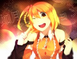 Rule 34 | 1girl, blonde hair, bow, braid, detached sleeves, hair bow, kagerou project, kisaragi attention (vocaloid), kisaragi momo, kogarashi midori, looking at viewer, microphone, one eye closed, short hair, side ponytail, solo, vocaloid, wink, yellow eyes