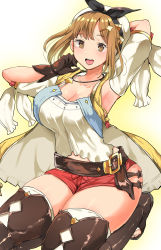 Rule 34 | 1girl, :d, arm behind head, armpits, atelier (series), atelier ryza, atelier ryza 1, belt, black ribbon, breasts, bridal legwear, brown belt, brown eyes, brown gloves, cleavage, commentary request, gloves, hair ornament, hairclip, highres, jacket, jewelry, large breasts, leather, leather belt, leather gloves, necklace, open mouth, red shorts, reisalin stout, ribbon, short shorts, shorts, single glove, sitting, smile, star (symbol), star necklace, thick thighs, thighs, white headwear, yac (mokkori), yellow jacket