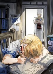 Rule 34 | 2boys, blonde hair, book, chef hat, closed eyes, closed mouth, crossed arms, curly eyebrows, facial hair, hair over one eye, hat, highres, multiple boys, mustache, notebook, one piece, open mouth, pencil, red-leg zeff, sanji (one piece), short hair, sleeping, su1y