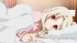 Rule 34 | 1girl, bed sheet, bedroom, blanket, blonde hair, blush, calendar (object), closed mouth, curtains, dot nose, fate/kaleid liner prisma illya, fate (series), female focus, game cg, head on pillow, illyasviel von einzbern, indoors, long sleeves, looking at viewer, lying, official art, on side, pajamas, pink pajamas, pink shirt, red eyes, shirt, smile, solo, straight hair, third-party source, under covers