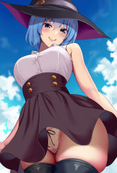 Rule 34 | 1girl, bare shoulders, black thighhighs, blue eyes, blue hair, blush, breasts, hat, high-waist skirt, huyumitsu, large breasts, long sleeves, original, panties, short hair, skirt, solo, thighhighs, underwear, white panties, witch, witch hat