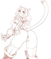 Rule 34 | 00s, 1girl, animal ears, ass, bent over, breasts, cat ears, cat tail, cleft of venus, fang, final fantasy, final fantasy xi, gochou (kedama), gouchou, mithra (ff11), monochrome, simple background, solo, tail, thighhighs