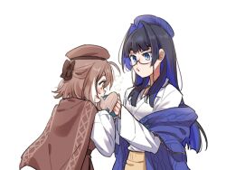 Rule 34 | 2girls, ahoge, beret, blue coat, blue eyes, blunt bangs, breath, brmameng, brown cape, brown dress, brown eyes, brown hair, cape, coat, colored inner hair, dress, eyewear strap, glasses, hair intakes, hashtag-only commentary, hat, highres, hime cut, hololive, hololive english, long hair, mittens, multicolored hair, multiple girls, nanashi mumei, official alternate costume, official alternate hairstyle, ouro kronii, ribbon, round eyewear, shirt, short hair, very long hair, virtual youtuber, white shirt