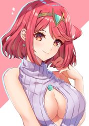 Rule 34 | 1girl, alternate costume, areola slip, bare shoulders, breasts, chest jewel, cleavage cutout, closed mouth, clothing cutout, commentary request, earrings, edamameoka, highres, jewelry, large breasts, looking at viewer, pyra (xenoblade), red eyes, red hair, ribbed sweater, short hair, sleeveless, sleeveless sweater, smile, solo, sweater, swept bangs, teeth, tiara, turtleneck, turtleneck sweater, upper teeth only, xenoblade chronicles (series), xenoblade chronicles 2
