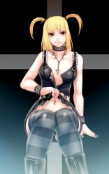 Rule 34 | 00s, 1girl, amane misa, blonde hair, boots, bracelet, brown eyes, choker, clothes lift, collar, cuffs, death note, gothic lolita, jewelry, lolita fashion, looking at viewer, navel, necklace, open clothes, open shirt, panties, pantyshot, rosary, shirt, sitting, skirt, skirt lift, smile, solo, thighhighs, underwear