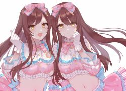 Rule 34 | 2girls, bare shoulders, blush, bow, bowtie, breasts, brown hair, cleavage, cleavage cutout, clothing cutout, commentary request, crop top, frilled gloves, frilled shirt, frilled skirt, frills, gloves, hair between eyes, hair bow, idolmaster, idolmaster shiny colors, idolmaster starlit season, long hair, looking at viewer, matching hairstyle, matching outfits, medium breasts, mhn, miniskirt, multiple girls, navel, osaki amana, osaki tenka, pink bow, pink shirt, pink skirt, shirt, siblings, sisters, skirt, sleeveless, sleeveless shirt, twins, yellow eyes
