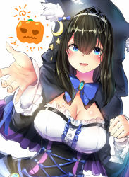 Rule 34 | 1girl, animal ears, animal hood, black hair, blue bow, blue eyes, blue ribbon, blush, bow, breasts, brooch, capelet, cat ears, cleavage, corset, crescent, crescent pin, cross-laced clothes, diadem, e-co, frills, hair between eyes, halloween, hand up, hood, idolmaster, idolmaster cinderella girls, jack-o&#039;-lantern, jewelry, large breasts, long hair, long sleeves, looking at viewer, open mouth, paw pose, ribbon, sagisawa fumika, simple background, smile, solo, underbust, white background