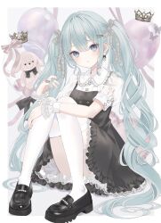 Rule 34 | 1girl, absurdres, black dress, black footwear, blue eyes, blue hair, blue nails, blush, border, center frills, collared shirt, dot nose, dress, frilled dress, frilled shirt, frills, full body, hair between eyes, hair ribbon, hatsune miku, head tilt, highres, knees together feet apart, knees up, loafers, long hair, looking at viewer, nail polish, number tattoo, outside border, parted lips, paruno, petticoat, ribbon, shirt, shoes, short sleeves, sitting, sleeveless, sleeveless dress, solo, stuffed animal, stuffed rabbit, stuffed toy, tattoo, thighhighs, twintails, very long hair, vocaloid, white border, white ribbon, white shirt, white thighhighs