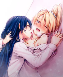 Rule 34 | 10s, 2girls, against wall, ayase eli, blonde hair, blue eyes, blue hair, blush, breasts, cleavage, clothes pull, dress shirt, dutch angle, grabbing another&#039;s hair, holding hands, interlocked fingers, licking, licking another&#039;s neck, long hair, love live!, love live! school idol project, medium breasts, multiple girls, off shoulder, one eye closed, open mouth, ponytail, school uniform, scrunchie, shirt, shirt pull, sonoda umi, sweat, wince, yukiiti, yuri