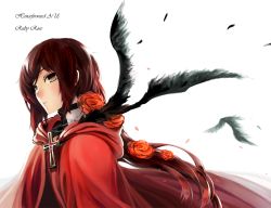 Rule 34 | 1girl, adapted costume, alternate hair length, alternate hairstyle, bird, bloodycolor, character name, cloak, cross, english text, feathers, flower, grey eyes, hood, hooded cloak, kuma (bloodycolor), long hair, petals, crow, red hair, rose, rose petals, ruby rose, rwby