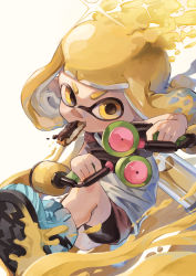 Rule 34 | 1girl, absurdres, action, anko2552, aqua footwear, bike shorts, black shorts, blonde hair, blunt bangs, commentary, dual wielding, food in mouth, grey skirt, highres, holding, ink tank (splatoon), inkling, inkling girl, inkling player character, looking at viewer, mouth hold, nintendo, paint splatter, pointy ears, shirt, shoes, short hair, short shorts, shorts, skirt, sliding, solo, sparkle, splatoon (series), splatoon 2, standing, tentacle hair, v-shaped eyebrows, white shirt, yellow eyes