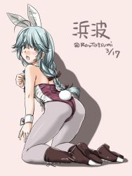 Rule 34 | 1girl, adapted costume, ahoge, animal ears, ass, beige background, black ribbon, boots, bow, bowtie, braid, brown eyes, brown footwear, character name, cross-laced footwear, dated, detached collar, fake animal ears, from behind, grey background, grey hair, hair over eyes, hair ribbon, hamanami (kancolle), kantai collection, kneeling, lace-up boots, leotard, long hair, looking at viewer, open mouth, pantyhose, playboy bunny, purple leotard, rabbit ears, rabbit tail, ribbon, shadow, single braid, solo, strapless, strapless leotard, tail, tatsumi ray, wrist cuffs