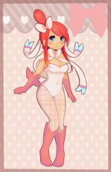 Rule 34 | 10s, 1girl, blue eyes, blush, boots, bow, breasts, cleavage, cosplay, covered navel, creatures (company), game freak, gen 6 pokemon, gloves, gym leader, hair bow, highvoltage, large breasts, leotard, navel, nintendo, open mouth, pantyhose, pink background, playboy bunny, pokemon, pokemon bw, pokemon xy, ponytail, red hair, ribbon, short hair, side ponytail, sidelocks, simple background, skyla (pokemon), solo, standing, sylveon, sylveon (cosplay), tail, toranoe, white pantyhose