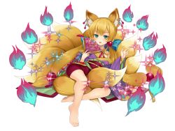 Rule 34 | 1girl, animal ears, barefoot, between legs, blonde hair, bracelet, chibi no tone, earrings, hand fan, fire, fox ears, fox tail, full body, green eyes, highres, holding, holding fan, jewelry, long hair, mont girls, multiple tails, official art, simple background, solo, sparkle, tail, white background