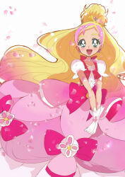 Rule 34 | 1girl, aqua eyes, blonde hair, bow, commentary, cure flora, cure flora (mode elegant), dress, dress bow, dress flower, earrings, flower brooch, gloves, go! princess precure, hair bun, haru (nature life), haruno haruka, jewelry, open mouth, petals, pink bow, pink dress, pink hair, precure, puffy short sleeves, puffy sleeves, short sleeves, smile, solo, waist bow, waist brooch, white gloves, wide ponytail