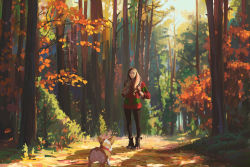 Rule 34 | 1girl, animal, ass, autumn, black footwear, black legwear, boots, brown hair, closed mouth, commentary, dog, english commentary, forehead, forest, highres, legs apart, long hair, nature, original, road, scenery, shadow, sketch, smile, snatti, solo, standing, tree, welsh corgi