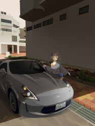 Rule 34 | 1girl, absurdres, black hair, blue shorts, blush, breasts, brown eyes, building, camisole, cleavage, grass, grey shirt, hair behind ear, highres, medium breasts, nissan, nissan 370z, nissan fairlady z, off shoulder, open mouth, orange camisole, original, shadow, shirt, shorts, torepon, twintails, vehicle focus