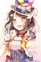Rule 34 | :d, back bow, balloon, bang dream!, bear hair ornament, black hair, blue eyes, blue neckwear, blush, bow, bowtie, center frills, character hair ornament, corset, cropped vest, crying, detached collar, earrings, frilled gloves, frills, gloves, hair ornament, hat, hat ribbon, highres, index finger raised, jewelry, looking at viewer, medium hair, michelle (bang dream!), multicolored clothes, neck ribbon, okusawa misaki, open mouth, outstretched hand, red neckwear, ribbon, smile, star (symbol), star earrings, striped bow, striped bowtie, striped clothes, striped neckwear, striped ribbon, taya oco, teacup earrings, top hat, twitter username, upper body, vest, white gloves