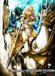 Rule 34 | 1girl, armor, blonde hair, braid, breastplate, brown eyes, cloud, company name, daigoman, faye (fire emblem), fire emblem, fire emblem cipher, fire emblem echoes: shadows of valentia, gloves, long hair, nintendo, official art, open mouth, pegasus, pegasus knight uniform (fire emblem), polearm, riding, sky, solo, thighhighs, twin braids, weapon, white gloves