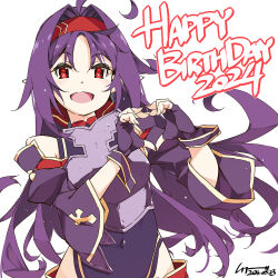 Rule 34 | 1girl, :d, ahoge, armor, breastplate, covered navel, dated, fingerless gloves, gloves, grey background, hair intakes, hairband, happy birthday, heart, heart hands, highres, long hair, open mouth, parted bangs, pointy ears, purple gloves, purple hair, red eyes, red hairband, shikei, simple background, smile, sword art online, yuuki (sao)