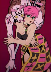 Rule 34 | 1girl, absurdres, bare arms, bare shoulders, breasts, cleavage, green eyes, hair between eyes, highres, jojo no kimyou na bouken, jojo pose, large breasts, leaning forward, looking at viewer, parted lips, pink hair, pink skirt, red background, short hair, skirt, solo, sparrowl, spice girl (stand), stand (jojo), standing, strapless, trish una, vento aureo