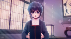 Rule 34 | absurdres, aged down, androgynous, artist name, black eyes, black hair, blurry, blurry background, bokeh, box, child, commentary, depth of field, derivative work, english commentary, fruits basket, gender request, haori, highres, holding, indoors, japanese clothes, kimono, lantern, long sleeves, looking away, looking down, painting (object), paper lantern, parted lips, purple eyes, purple hair, screenshot redraw, scroll, short hair, solo, sophie hei, souma akito, surprised, translation request, upper body