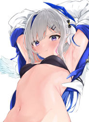 Rule 34 | 1girl, :t, absurdres, amane kanata, amane kanata (work), angel wings, armpits, arms up, bikini, black bikini, blue hair, blush, breasts, closed mouth, clothes lift, colored inner hair, from below, grey hair, hair ornament, hairclip, halo, highres, hololive, jacket, jacket lift, kakeru (kakeruanim), long hair, looking at viewer, multicolored hair, navel, one side up, open clothes, open jacket, out-of-frame censoring, purple eyes, simple background, small breasts, solo, star halo, stomach, swimsuit, upper body, virtual youtuber, white background, white jacket, wings