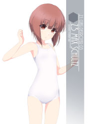 Rule 34 | 1girl, artist name, brown eyes, brown hair, character name, commentary request, cowboy shot, eyes visible through hair, flat chest, hair between eyes, highres, inaba shiki, kantai collection, looking at viewer, new school swimsuit, one-hour drawing challenge, one-piece swimsuit, school swimsuit, short hair, simple background, solo, standing, swimsuit, white background, white one-piece swimsuit, z3 max schultz (kancolle)