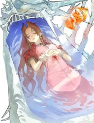 Rule 34 | 1girl, aerith gainsborough, blood, blood on clothes, breasts, buttons, choker, closed eyes, conch, cropped jacket, death, dress, final fantasy, final fantasy vii, forgotten city, hair down, highres, jacket, koi, long dress, long hair, medium breasts, own hands together, parted bangs, partially submerged, pink dress, red jacket, sidelocks, solo, spoilers, talesofmea, upper body, wavy hair