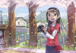 Rule 34 | 1girl, :d, ataru (ataru squall), bag, black eyes, black hair, blunt bangs, blush, building, camera, cherry blossoms, day, grass, hair ornament, hairclip, handbag, holding, holding camera, house, jizou, layered sleeves, long hair, long sleeves, open mouth, original, outdoors, petals, power lines, powerlines, red shirt, road, road sign, shirt, short over long sleeves, short sleeves, shrine, sign, sky, smile, solo, statue, tree, wind