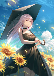 Rule 34 | 1girl, absurdres, bad id, bad pixiv id, bare arms, bare shoulders, black dress, blue sky, breasts, cleavage, closed mouth, cloud, collarbone, day, dress, earrings, flower, frilled dress, frills, from below, highres, holding, holding umbrella, jewelry, koh rd, long hair, looking at viewer, looking down, medium breasts, neck garter, original, outdoors, parasol, petals, pink hair, red eyes, sky, smile, standing, sundress, sunflower, umbrella, yellow flower