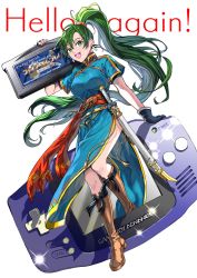 Rule 34 | 1girl, blue dress, boots, dress, earrings, english text, engrish text, fingerless gloves, fire emblem, fire emblem: the blazing blade, game boy advance, game boy cartridge, gloves, green eyes, green hair, handheld game console, highres, jewelry, katana, long hair, looking at viewer, lyn (fire emblem), nintendo, ponytail, ranguage, red sash, rope belt, sash, smile, sparkle, sword, tsuko (25mnts), very long hair, weapon