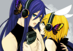 Rule 34 | 1boy, 1girl, bad id, bad pixiv id, blonde hair, blue eyes, butterfly wings, face-to-face, hair ornament, hair ribbon, hairclip, headphones, insect wings, kagamine rin, kamui gakupo, long hair, magnet (vocaloid), microphone, nail polish, ponytail, purple hair, ribbon, short hair, vocaloid, wings, yellow nails
