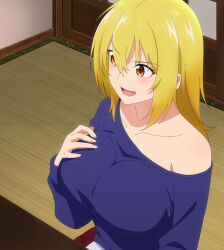 Rule 34 | 1girl, absurdres, aoba tsukuyo, blonde hair, blue shirt, breasts, collarbone, hand on own chest, highres, large breasts, long hair, long sleeves, open mouth, red eyes, screencap, shirt, sidelocks, solo, stitched, temple (series), third-party edit