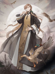 Rule 34 | 1boy, bird, brown eyes, brown hair, duck, earrings, food fantasy, full body, hair ornament, hairclip, highres, jewelry, long hair, looking at viewer, male focus, official art, pale skin, peking duck (food fantasy), peking duck (sp) (food fantasy), second-party source, solo, traditional clothes