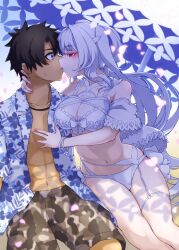 Rule 34 | 1boy, 1girl, ahoge, bare shoulders, black hair, bracelet, breasts, camouflage, camouflage shorts, commission, falling petals, fate/grand order, fate (series), fujimaru ritsuka (male), fujimaru ritsuka (male) (tropical summer), hand on another&#039;s chest, hand on another&#039;s neck, hawaiian shirt, hetero, highres, jewelry, kiss, lady avalon (fate), medium breasts, merlin (fate/prototype), open clothes, open shirt, petals, pink nails, pixiv commission, red eyes, sand, shirt, shorts, sweatdrop, swimsuit, umbrella, white hair, yata masahara