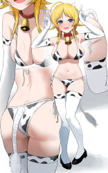 Rule 34 | 1girl, absurdres, ahoge, all fours, alternate costume, animal collar, animal print, ass, bell, bikini, black footwear, blonde hair, blush, breasts, cleavage, close-up, collar, cow horns, cow print, cow print bikini, cow print gloves, cow print thighhighs, cow tail, elbow gloves, full body, gloves, hachimiya meguru, highres, horns, horns pose, idolmaster, idolmaster shiny colors, large breasts, looking at viewer, multiple views, navel, neck bell, pdal (pdalhhh), print bikini, print gloves, print thighhighs, side-tie bikini bottom, smile, standing, stomach, swimsuit, tail, thighhighs, twintails