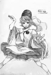 Rule 34 | 1girl, absurdres, bad id, bad pixiv id, dress, female focus, graphite (medium), greyscale, highres, japanese clothes, long sleeves, monochrome, mononobe no futo, mote kawa, onmyouji, ponytail, short hair, simple background, sketch, solo, touhou, traditional media, white background