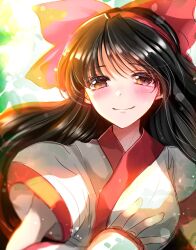Rule 34 | 1girl, ainu clothes, black hair, breasts, brown eyes, fingerless gloves, gloves, hair ribbon, hand on own chest, highres, long hair, looking at viewer, medium breasts, nakoruru, ribbon, samurai spirits, smile, snk, solo, the king of fighters