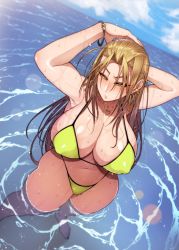 Rule 34 | 1girl, bikini, blonde hair, bracelet, breasts, cleavage, dutch angle, from above, green bikini, heart, heart necklace, highres, jewelry, korotsuke, large breasts, long hair, navel, necklace, ocean, original, partially submerged, shallow water, swimsuit, water, wet, wet hair, yellow eyes