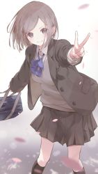 Rule 34 | 1girl, bag, blue bow, blurry, blurry foreground, bow, breasts, brown eyes, brown hair, brown jacket, brown outline, brown skirt, brown socks, brown sweater vest, buttons, cherry blossoms, closed mouth, falling petals, feet out of frame, floor, furrowed brow, hand up, highres, holding, holding bag, jacket, kneehighs, light blush, looking at viewer, medium breasts, medium hair, original, outdoors, outline, outstretched arm, parted bangs, petals, pleated skirt, rb2, red outline, school bag, school uniform, skirt, smile, socks, solo, sweater vest, tareme, unbuttoned, v, white background
