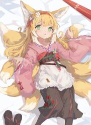 Rule 34 | 1girl, absurdres, animal ear fluff, animal ears, apron, arknights, black hakama, black pantyhose, blonde hair, chinese commentary, chinese knot, closed umbrella, commentary, feet out of frame, floral print, flower, fox ears, fox girl, fox tail, frilled apron, frills, green eyes, hair flower, hair ornament, hairband, hakama, hakama skirt, highres, japanese clothes, kimono, kitsune, kyuubi, long sleeves, lying, multicolored hair, multiple tails, obi, official alternate costume, oil-paper umbrella, okobo, on back, pantyhose, parted lips, pink kimono, pinwheel, pleated skirt, red hairband, red umbrella, sandals, unworn sandals, sash, skirt, solo, suzuran (arknights), suzuran (yukibare) (arknights), tail, tassel, tassel hair ornament, two-tone hair, umbrella, waist apron, white apron, white hair, wide sleeves, yuishia