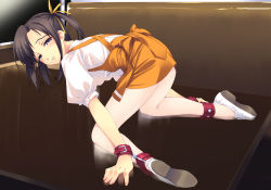Rule 34 | 1girl, all fours, ankle cuffs, anna miller, apron, bdsm, black hair, blue eyes, blush, bondage, bound, brown hair, cuffs, f-ism, hair ribbon, handcuffs, highres, leash, looking back, murakami suigun, orange skirt, original, pantyhose, ponytail, reflection, ribbon, shackles, shoes, short hair, short twintails, skirt, solo, table, twintails, waitress, white pantyhose, wrist cuffs, wrists to ankles