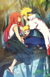 Rule 34 | 1girl, 2boys, age difference, blonde hair, blue eyes, closed eyes, family, father and son, headband, long hair, mother and son, multiple boys, namikaze minato, naruto (series), naruto shippuuden, nuriko-kun, red hair, smile, spiked hair, tree, uzumaki kushina, uzumaki naruto, very long hair, aged down