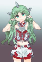 Rule 34 | 1girl, adapted costume, bare shoulders, blush, chamaruk, closed mouth, cloud print, commentary, curly hair, green eyes, green hair, horns, kariyushi shirt, komano aunn, long hair, looking at viewer, midriff, navel, red shirt, shirt, shorts, single horn, smile, solo, touhou, twintails, very long hair, white shorts