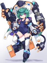 Rule 34 | 1girl, bare shoulders, black footwear, blue one-piece swimsuit, blush, boots, breasts, character request, closed mouth, collarbone, commentary request, gradient background, green hair, grey background, hair between eyes, head tilt, headgear, highres, holding, jacket, karukan (monjya), long sleeves, mechanical boots, off shoulder, one-piece swimsuit, open clothes, open jacket, purple eyes, school swimsuit, shinrabanshou, sleeves past wrists, small breasts, smile, solo, standing, standing on one leg, swimsuit, thighhighs, white background, white thighhighs, wide sleeves